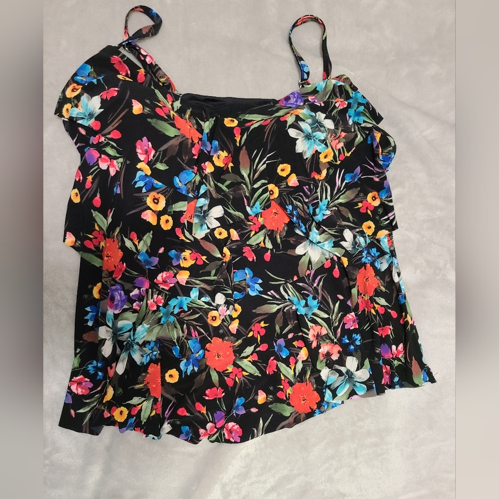 AquaGreen floral ruffled tank style swim top, Sz 24W